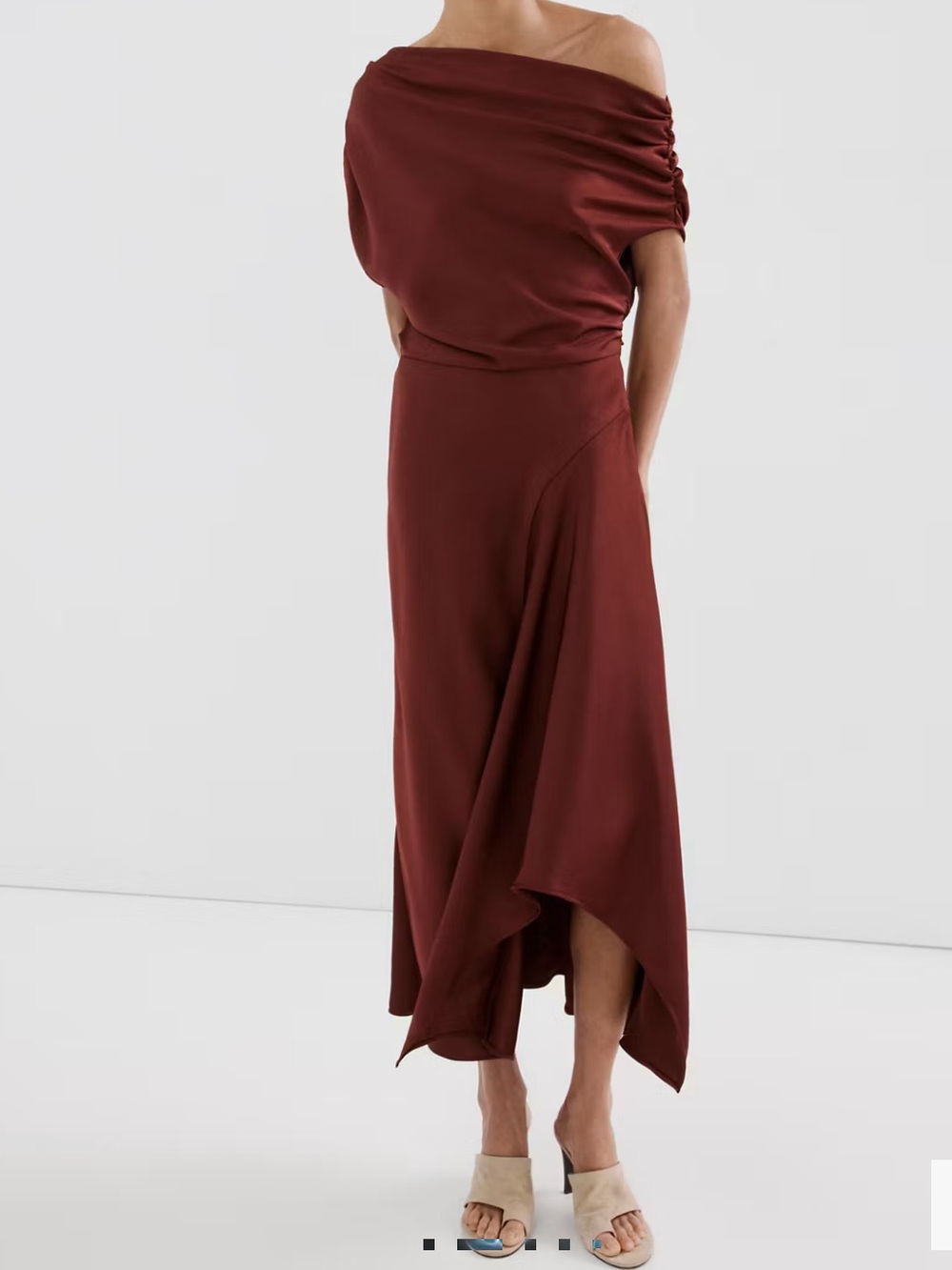 Mango Satin Cowl-Neck Maxi Dress in Burgundy ASYMMETRICAL FLARED DRESS 5828